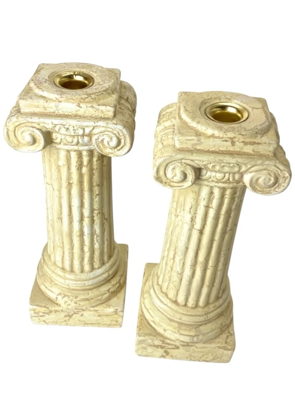 Set of 2 Vintage Greek Column Candlesticks in Aged Neutral Finish - Picture 1 of 10